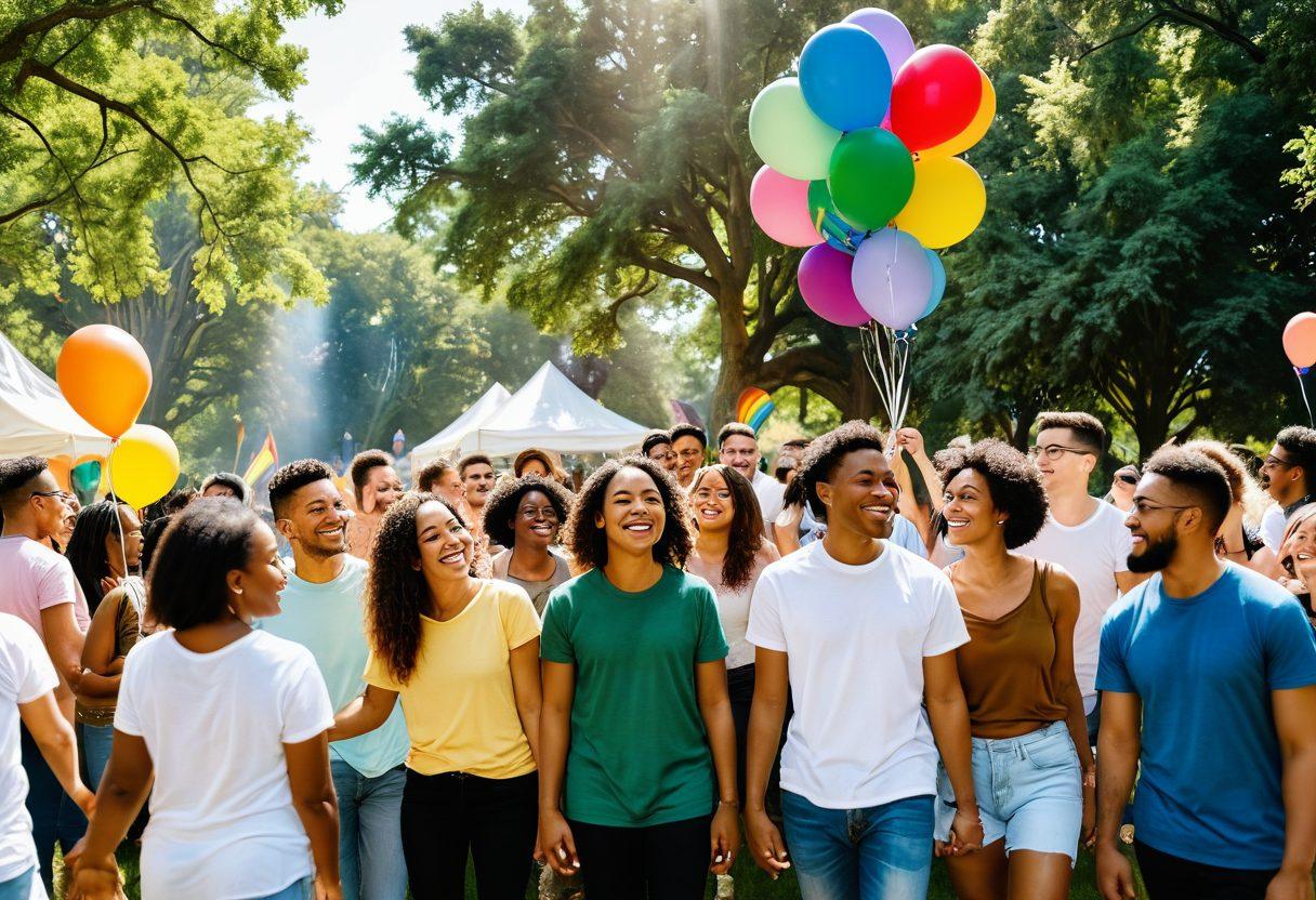 A vibrant gathering of diverse individuals celebrating Pride, with rainbow flags and colorful balloons, surrounded by a lush green park. In the foreground, a group of friends of various ethnicities and orientations share joyful laughter, symbolizing healthy relationships and inclusivity. Soft sunlight filters through the trees, casting a warm glow over the scene, enhancing the sense of safety and community. super-realistic. vibrant colors. bright and airy.