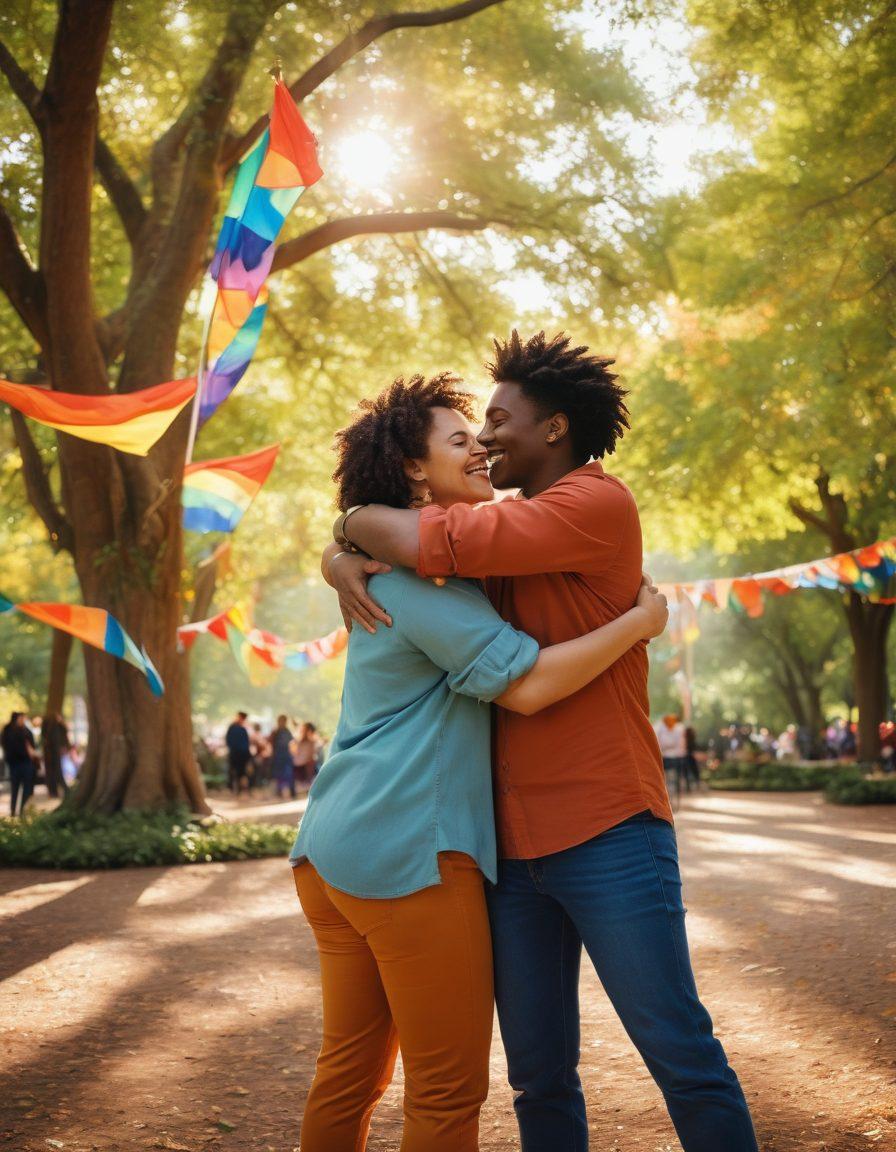A vibrant mosaic of diverse queer individuals joyfully interacting in a lush park setting, showcasing various expressions of affection such as hugs and laughter. Surround them with colorful flags symbolizing inclusivity and love, while warm sunlight filters through the trees, creating a welcoming atmosphere. Incorporate elements of unity like intertwined hands and shared smiles to emphasize friendship. Bright, lively style. super-realistic. vibrant colors.