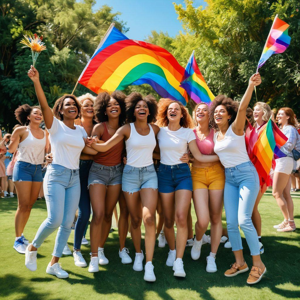 A vibrant scene depicting a diverse group of joyful women celebrating together in a colorful park, surrounded by rainbow flags and floral decorations. Their unique styles and expressions highlight the beauty of lesbian culture, while laughter and unity fill the air. Soft sunlight filters through trees, creating a warm atmosphere that radiates positivity and acceptance. super-realistic. vibrant colors. 3D.
